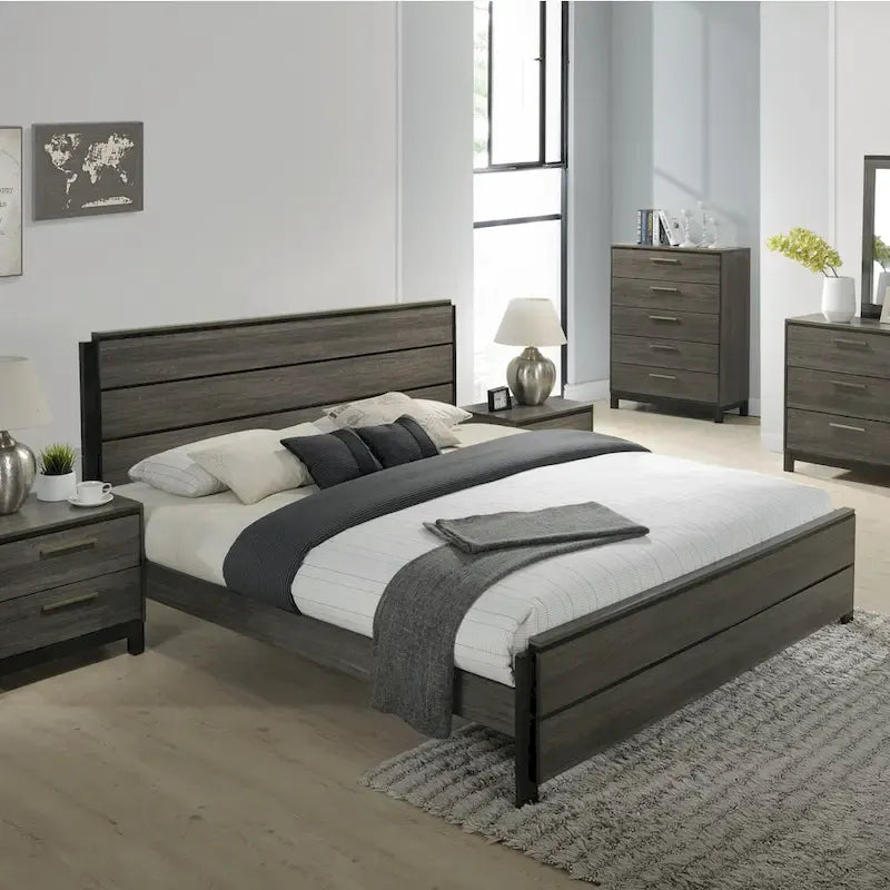 Ioana 187 Antique Grey Finish Wood Bed Room Set, Queen Size Bed, Dresser, Mirror, Night Stand