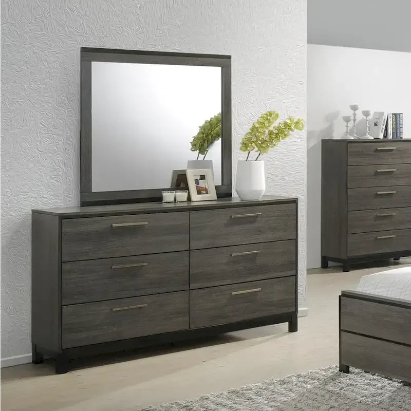 Ioana 187 Antique Grey Finish Wood Bed Room Set, Queen Size Bed, Dresser, Mirror, Night Stand