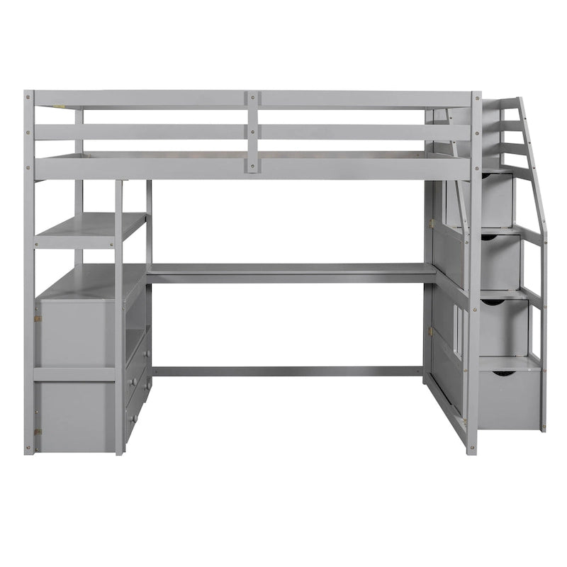 Gray Full Size Loft Bed with Desk, Shelves, Staircase & 2 Drawers – 1-Person