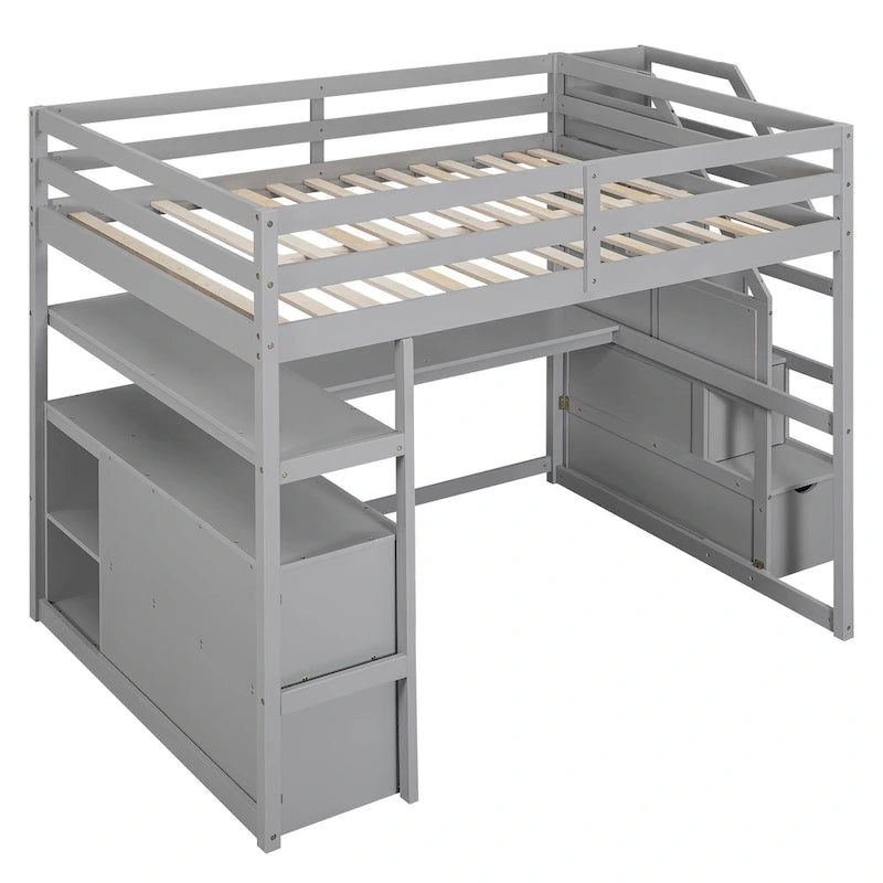 Gray Full Size Loft Bed with Desk, Shelves, Staircase & 2 Drawers – 1-Person