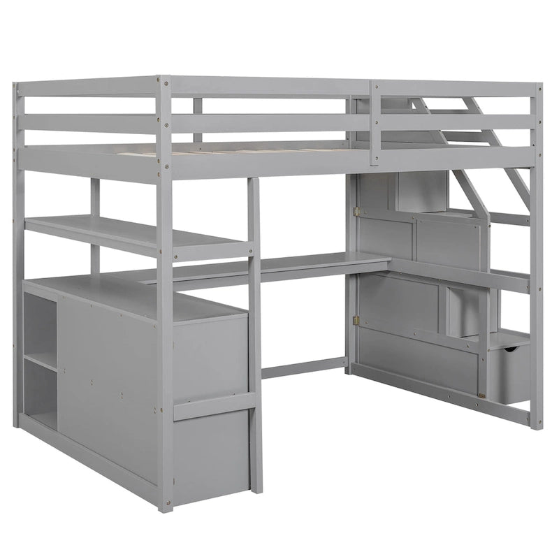 Gray Full Size Loft Bed with Desk, Shelves, Staircase & 2 Drawers – 1-Person