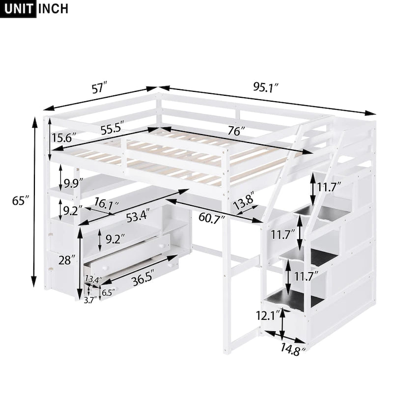 Gray Full Size Loft Bed with Desk, Shelves, Staircase & 2 Drawers – 1-Person