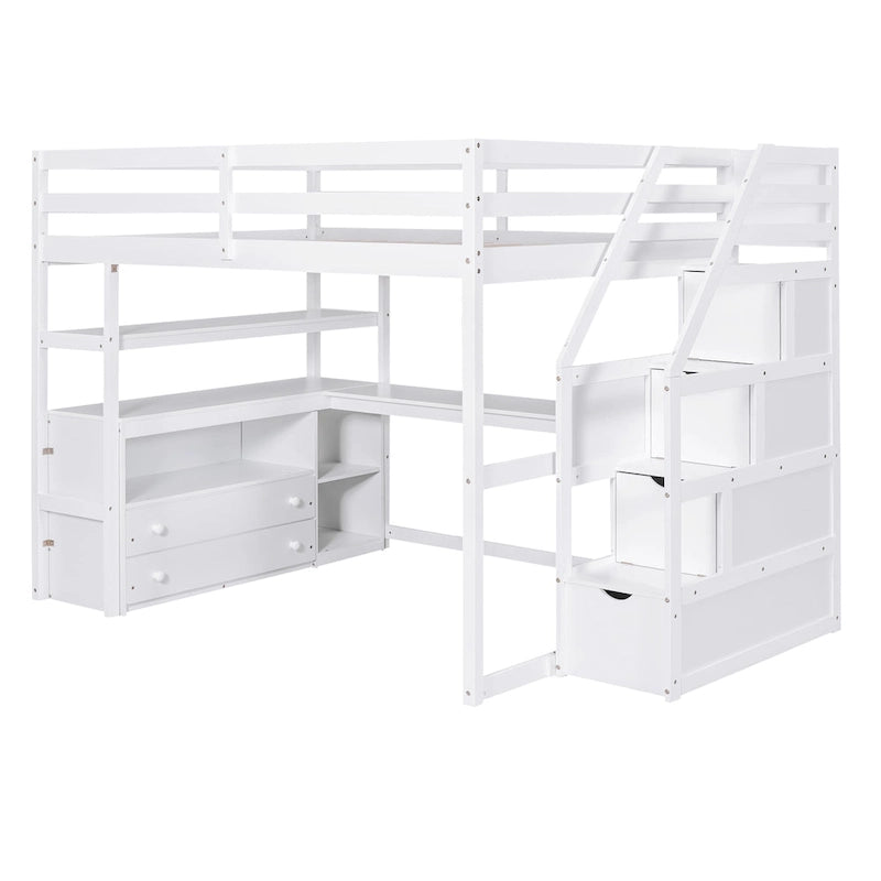 Gray Full Size Loft Bed with Desk, Shelves, Staircase & 2 Drawers – 1-Person