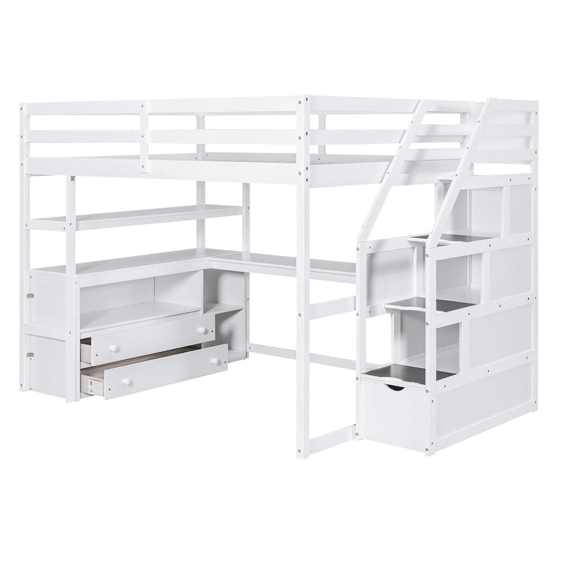 Gray Full Size Loft Bed with Desk, Shelves, Staircase & 2 Drawers – 1-Person