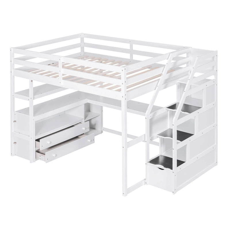 Gray Full Size Loft Bed with Desk, Shelves, Staircase & 2 Drawers – 1-Person