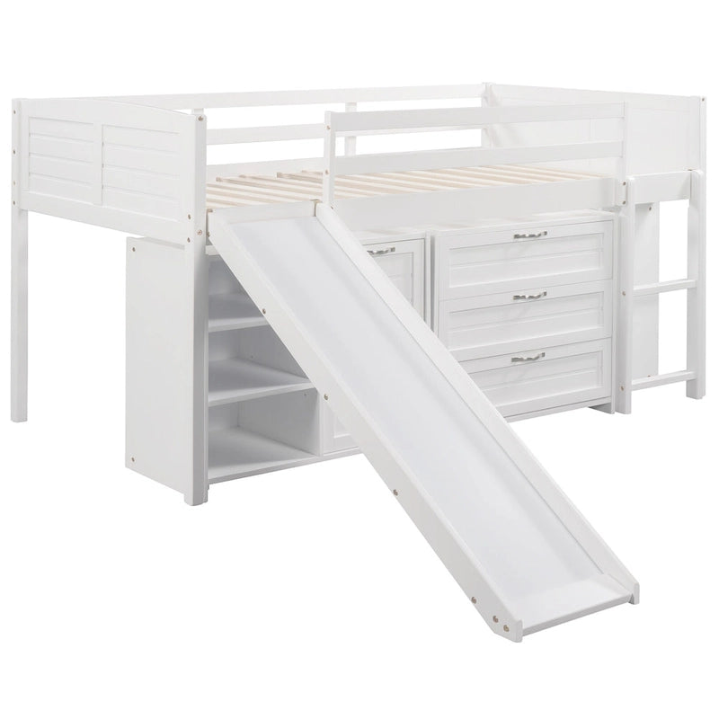 Low Twin Size Loft Bed with Cabinets, Shelves and Slide - Espresso
