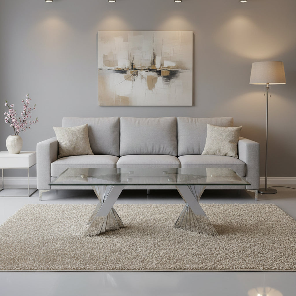  Modern Glass Coffee Table w/ Spiral Base - Coffee Table