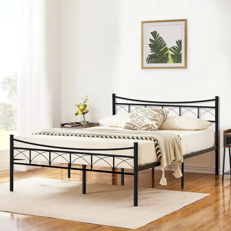 Black Metal Platform Bed Frame with Headboard – Twin/Full/Queen, 1-Person