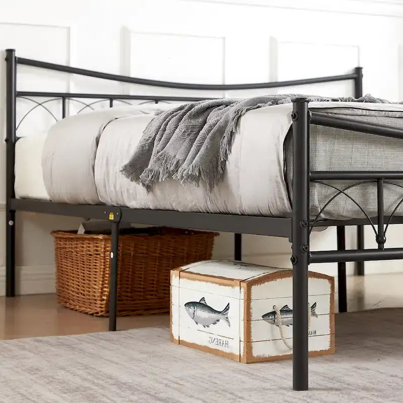 Black Metal Platform Bed Frame with Headboard – Twin/Full/Queen, 1-Person
