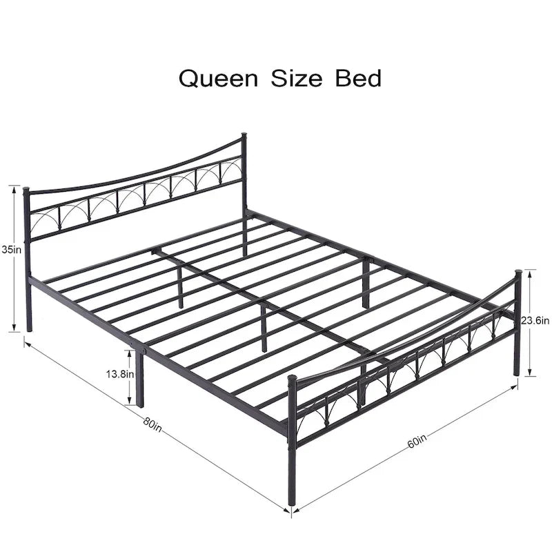 Black Metal Platform Bed Frame with Headboard – Twin/Full/Queen, 1-Person