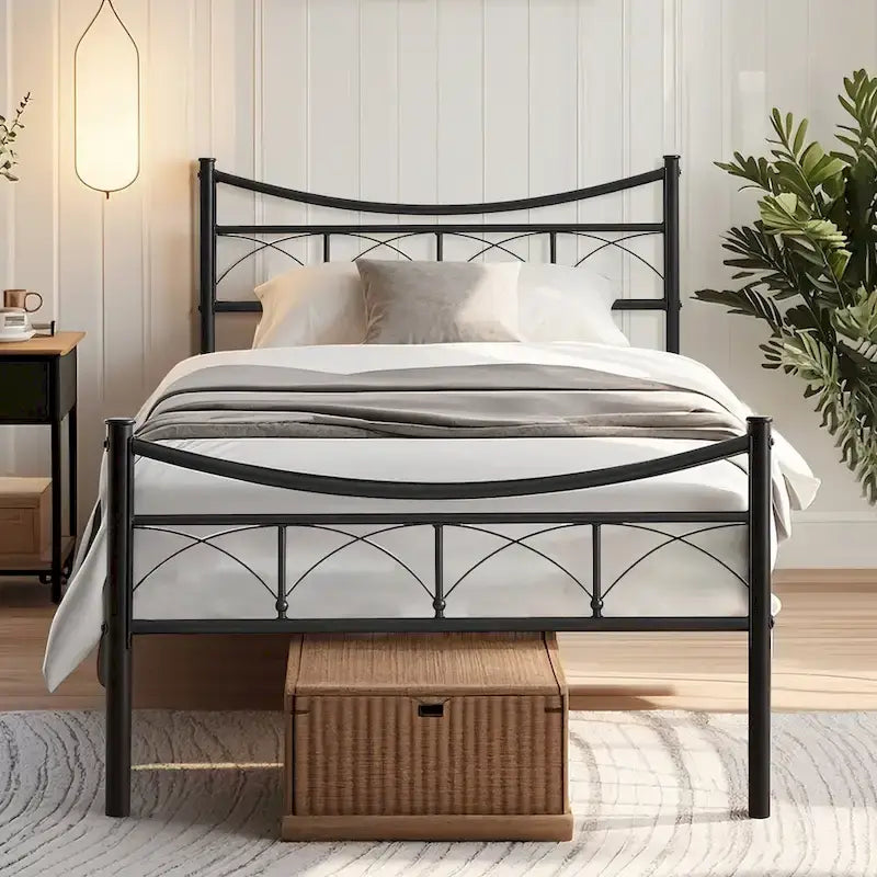 Black Metal Platform Bed Frame with Headboard – Twin/Full/Queen, 1-Person