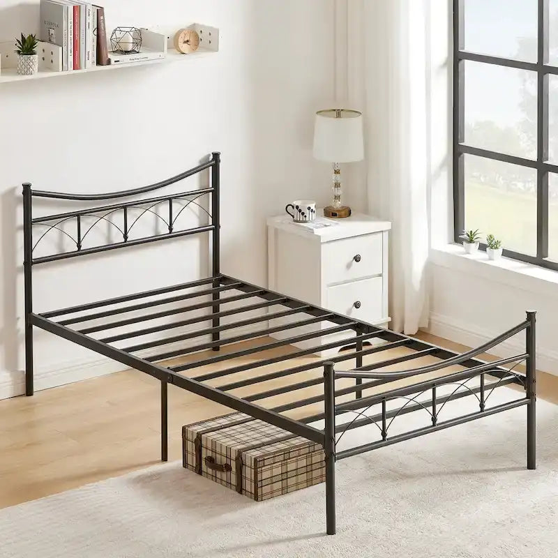 Black Metal Platform Bed Frame with Headboard – Twin/Full/Queen, 1-Person