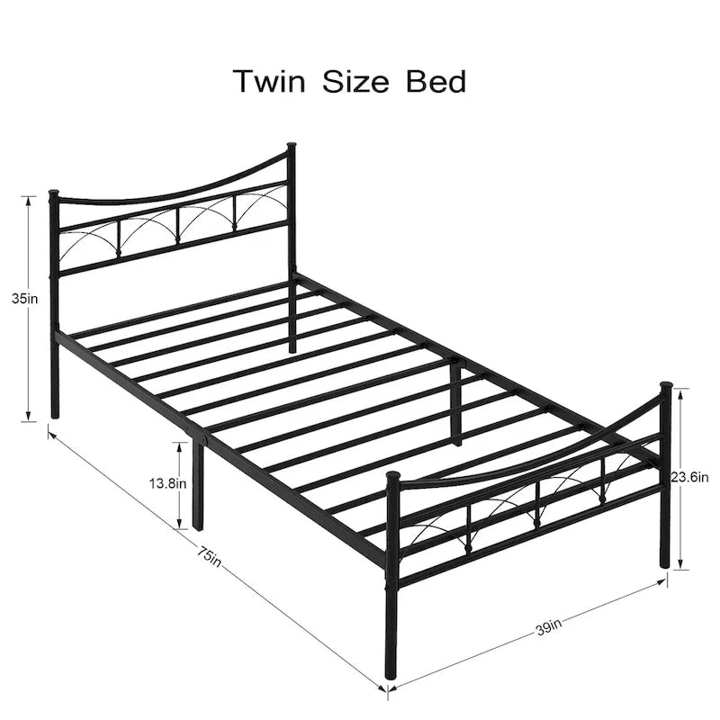 Black Metal Platform Bed Frame with Headboard – Twin/Full/Queen, 1-Person