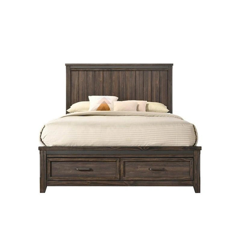 Sea Queen Size Bed, Rustic Modern Design, Panel Headboard, Brown Wood
