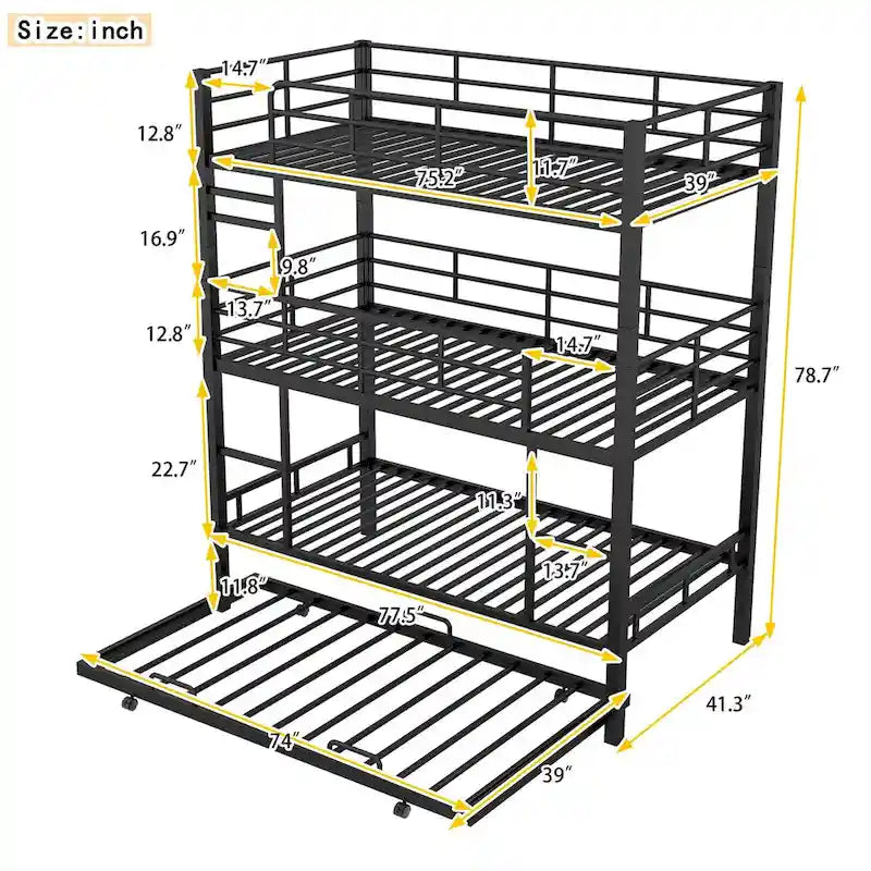 Metal Twin Size Triple Bunk Bed With Trundle