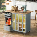 Grey & Blue Kitchen Island with Drop Leaf, LED Light, Fluted Glass Doors, 2 Drawers & Casters