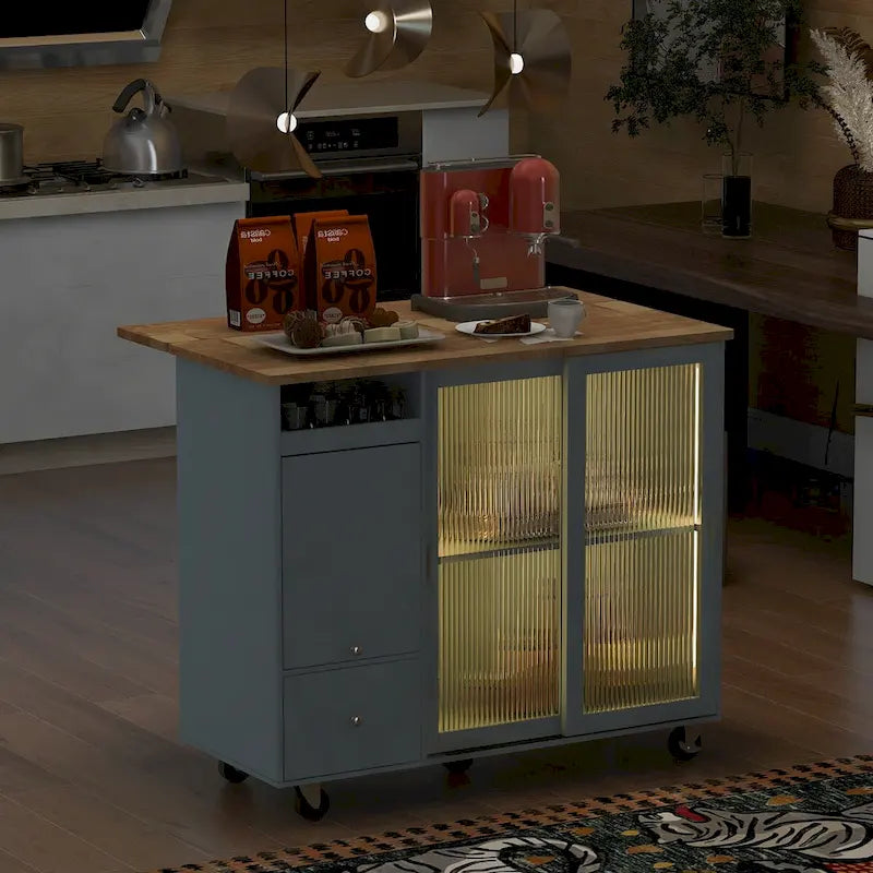 Grey & Blue Kitchen Island with Drop Leaf, LED Light, Fluted Glass Doors, 2 Drawers & Casters