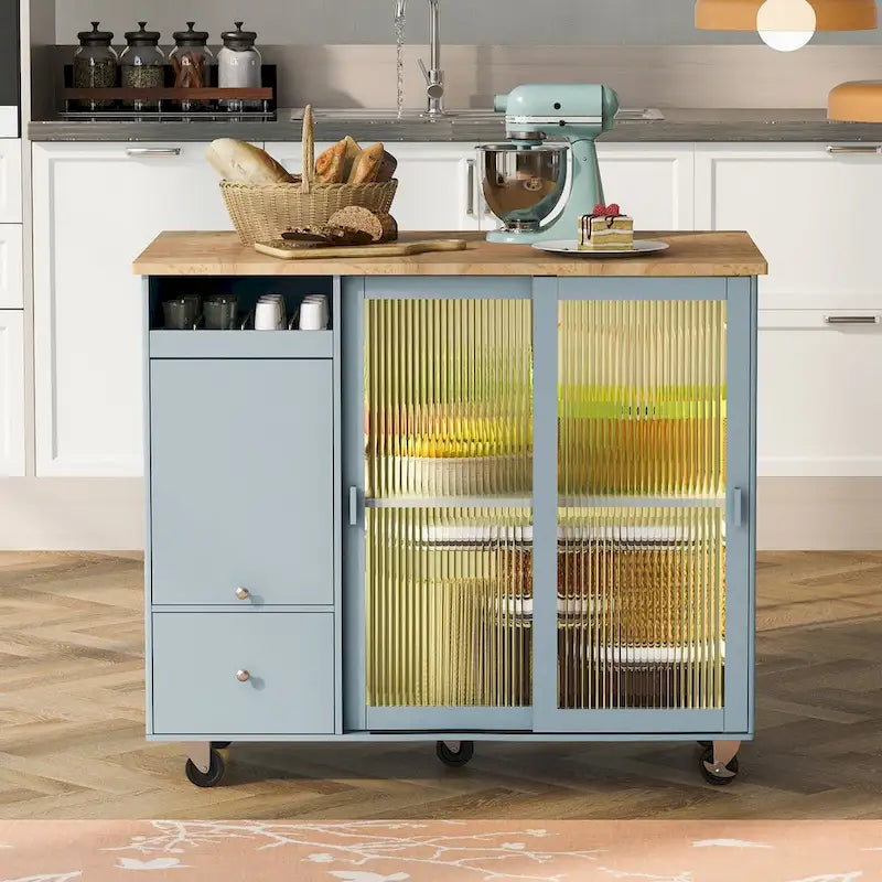 Grey & Blue Kitchen Island with Drop Leaf, LED Light, Fluted Glass Doors, 2 Drawers & Casters