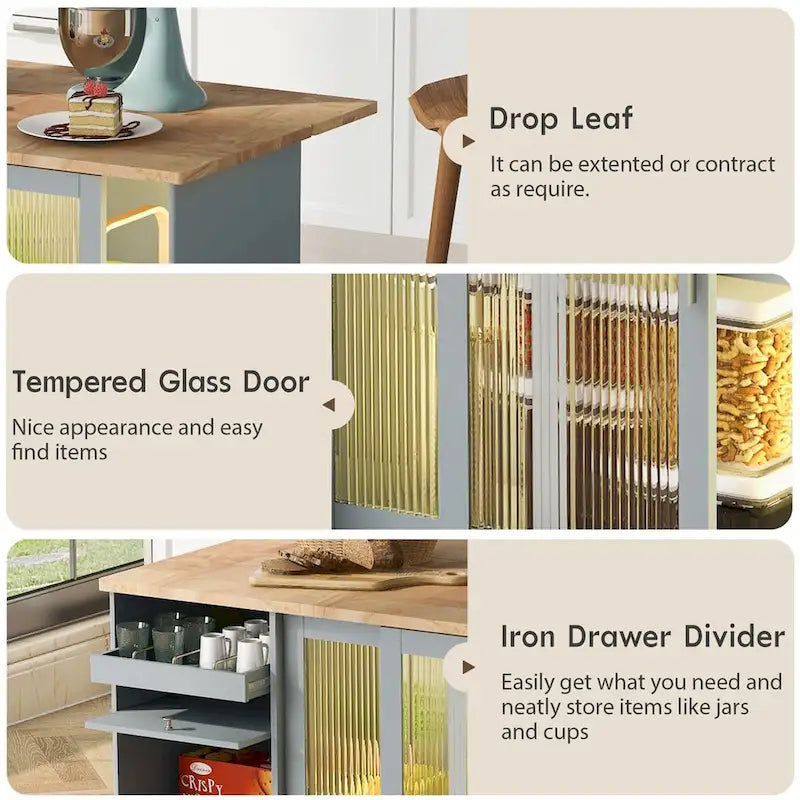 Grey & Blue Kitchen Island with Drop Leaf, LED Light, Fluted Glass Doors, 2 Drawers & Casters