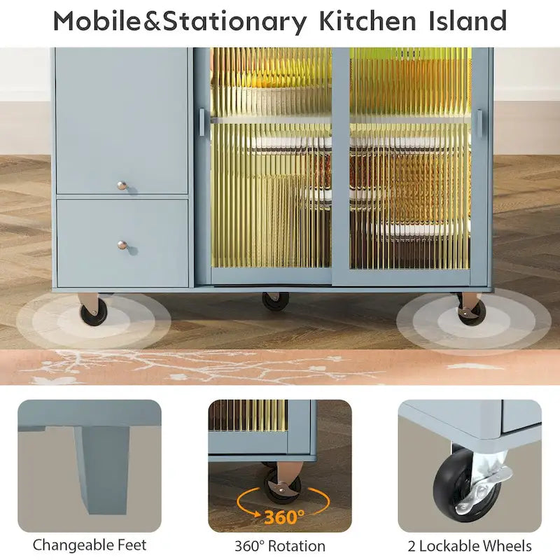 Grey & Blue Kitchen Island with Drop Leaf, LED Light, Fluted Glass Doors, 2 Drawers & Casters