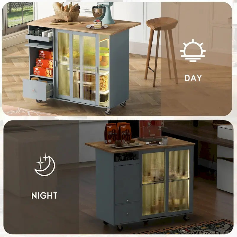 Grey & Blue Kitchen Island with Drop Leaf, LED Light, Fluted Glass Doors, 2 Drawers & Casters