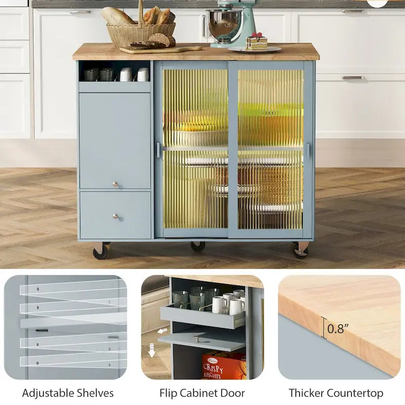 Grey & Blue Kitchen Island with Drop Leaf, LED Light, Fluted Glass Doors, 2 Drawers & Casters