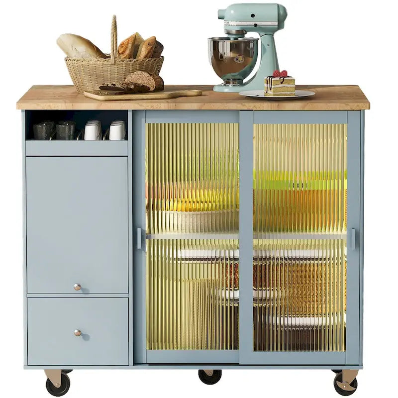 Grey & Blue Kitchen Island with Drop Leaf, LED Light, Fluted Glass Doors, 2 Drawers & Casters