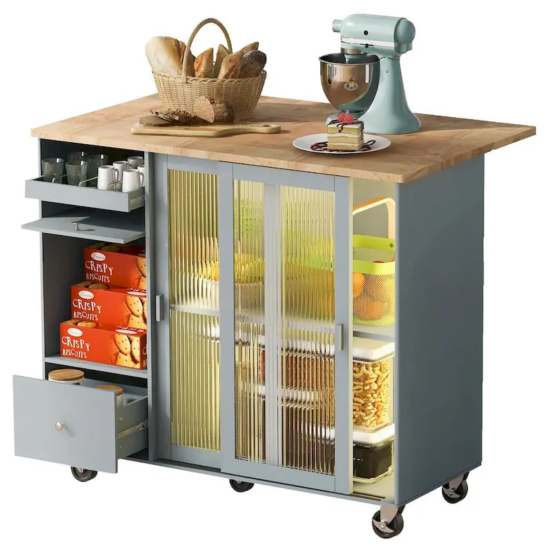 Grey & Blue Kitchen Island with Drop Leaf, LED Light, Fluted Glass Doors, 2 Drawers & Casters