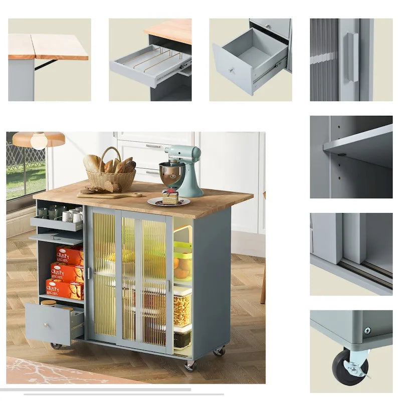Grey & Blue Kitchen Island with Drop Leaf, LED Light, Fluted Glass Doors, 2 Drawers & Casters