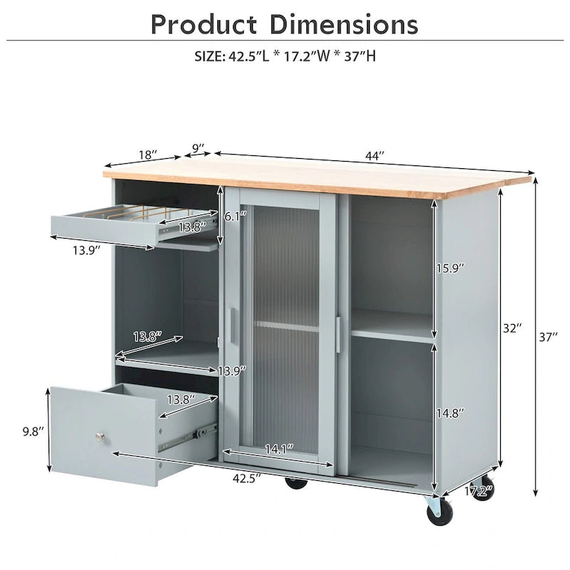 Grey & Blue Kitchen Island with Drop Leaf, LED Light, Fluted Glass Doors, 2 Drawers & Casters