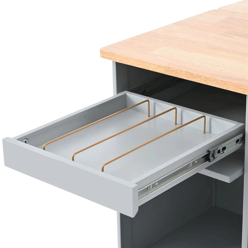 Grey & Blue Kitchen Island with Drop Leaf, LED Light, Fluted Glass Doors, 2 Drawers & Casters