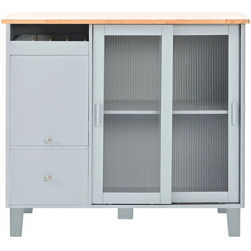 Grey & Blue Kitchen Island with Drop Leaf, LED Light, Fluted Glass Doors, 2 Drawers & Casters