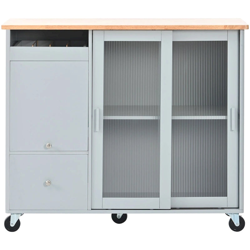Grey & Blue Kitchen Island with Drop Leaf, LED Light, Fluted Glass Doors, 2 Drawers & Casters