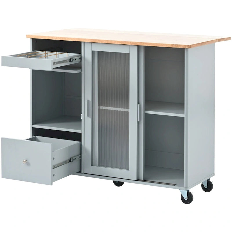 Grey & Blue Kitchen Island with Drop Leaf, LED Light, Fluted Glass Doors, 2 Drawers & Casters