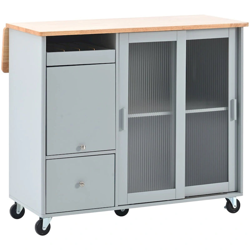 Grey & Blue Kitchen Island with Drop Leaf, LED Light, Fluted Glass Doors, 2 Drawers & Casters