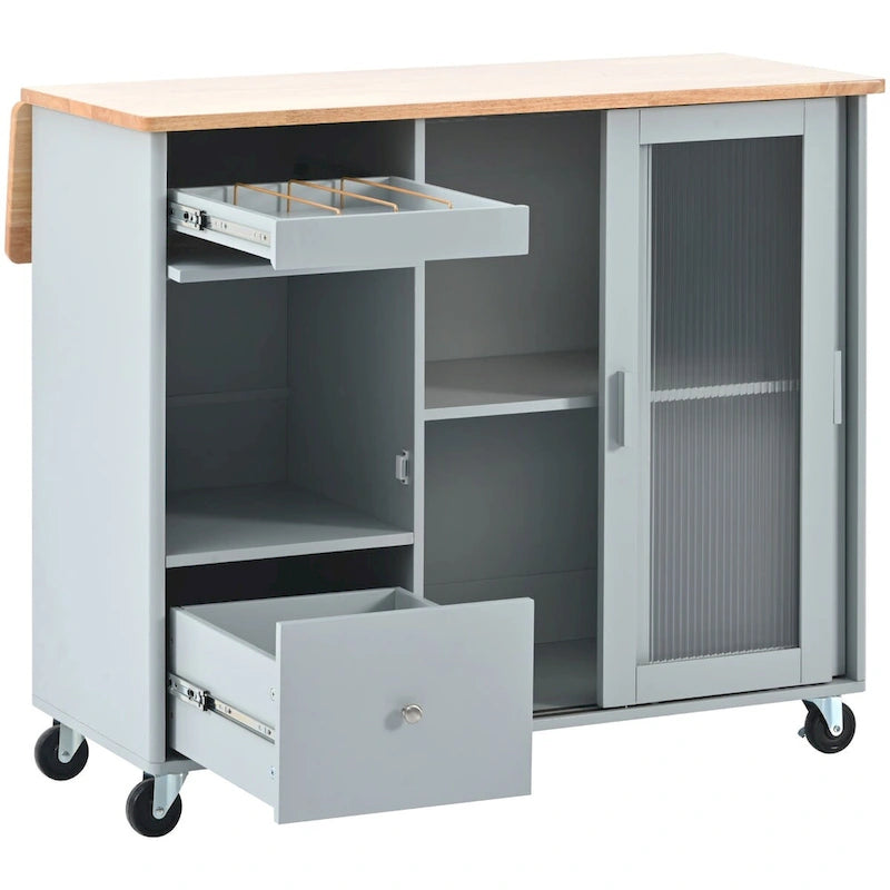 Grey & Blue Kitchen Island with Drop Leaf, LED Light, Fluted Glass Doors, 2 Drawers & Casters