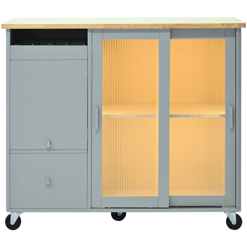 Grey & Blue Kitchen Island with Drop Leaf, LED Light, Fluted Glass Doors, 2 Drawers & Casters