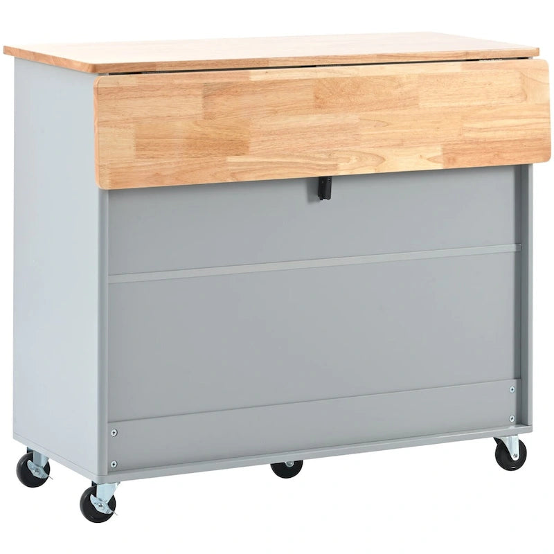 Grey & Blue Kitchen Island with Drop Leaf, LED Light, Fluted Glass Doors, 2 Drawers & Casters