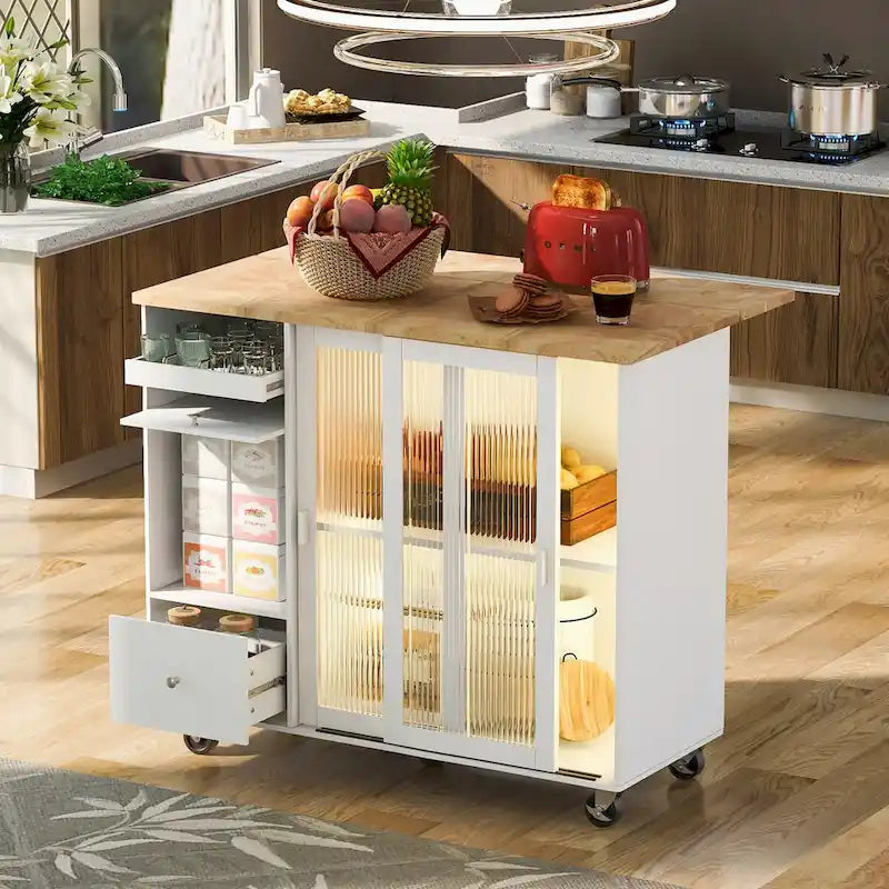 Grey & Blue Kitchen Island with Drop Leaf, LED Light, Fluted Glass Doors, 2 Drawers & Casters