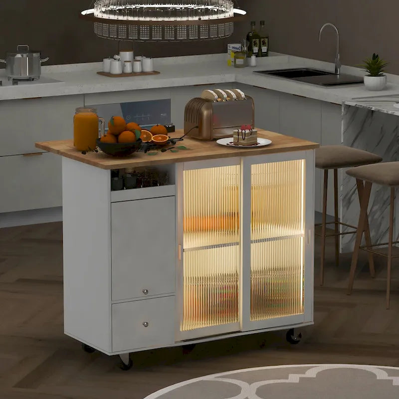 Grey & Blue Kitchen Island with Drop Leaf, LED Light, Fluted Glass Doors, 2 Drawers & Casters