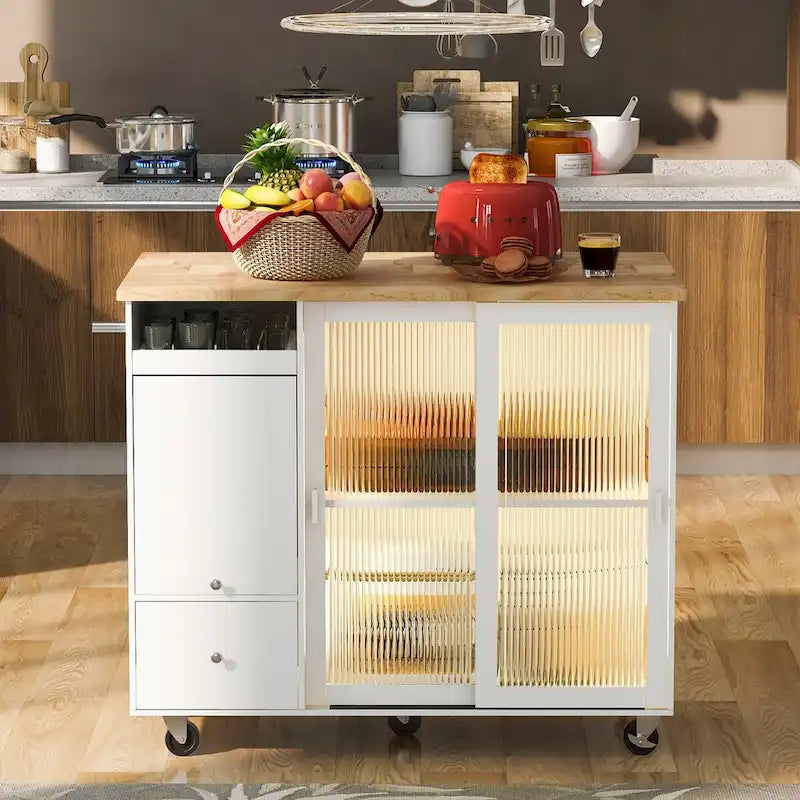 Grey & Blue Kitchen Island with Drop Leaf, LED Light, Fluted Glass Doors, 2 Drawers & Casters