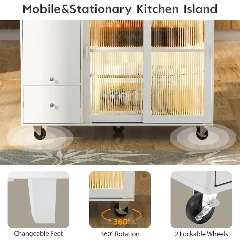Grey & Blue Kitchen Island with Drop Leaf, LED Light, Fluted Glass Doors, 2 Drawers & Casters