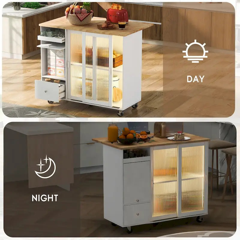 Grey & Blue Kitchen Island with Drop Leaf, LED Light, Fluted Glass Doors, 2 Drawers & Casters