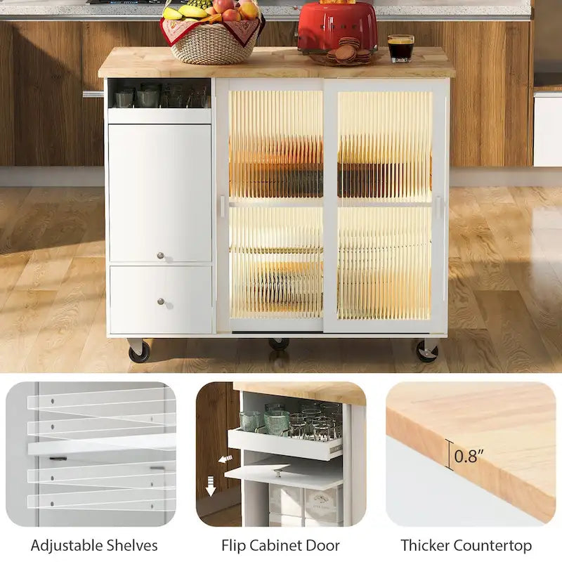 Grey & Blue Kitchen Island with Drop Leaf, LED Light, Fluted Glass Doors, 2 Drawers & Casters