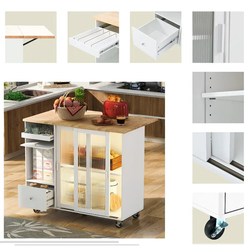 Grey & Blue Kitchen Island with Drop Leaf, LED Light, Fluted Glass Doors, 2 Drawers & Casters