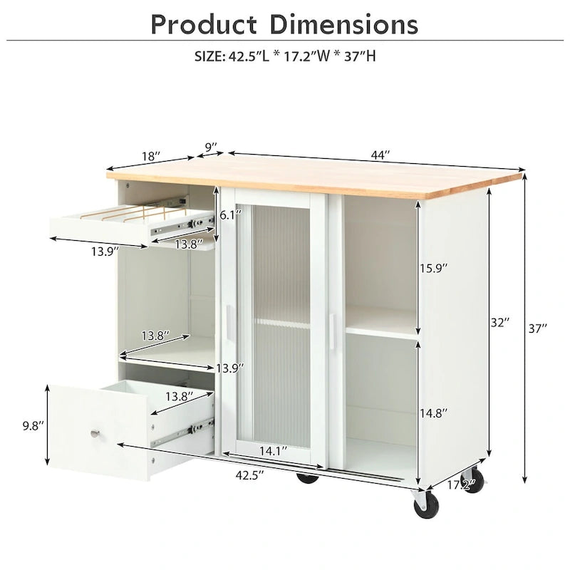 Grey & Blue Kitchen Island with Drop Leaf, LED Light, Fluted Glass Doors, 2 Drawers & Casters
