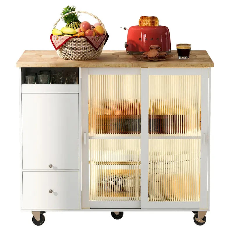 Grey & Blue Kitchen Island with Drop Leaf, LED Light, Fluted Glass Doors, 2 Drawers & Casters