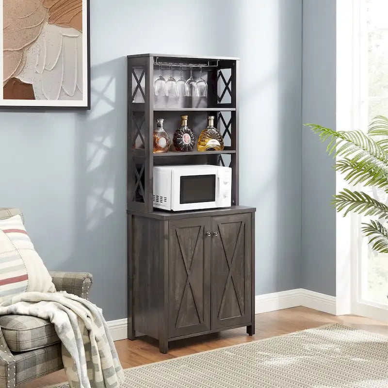 Coffee Bar Cabinet with Hollow Out Barn Design Wood Cabinet