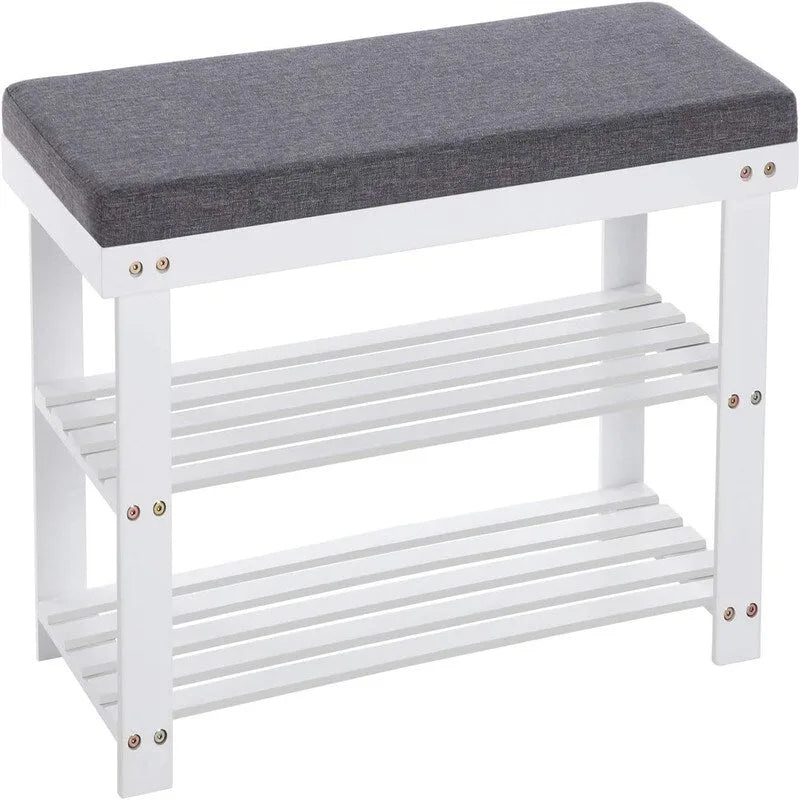 2-Shelf Bamboo Shoe Bench with Cushion, Seat for 1, Natural/Brown/Black/White + Gray