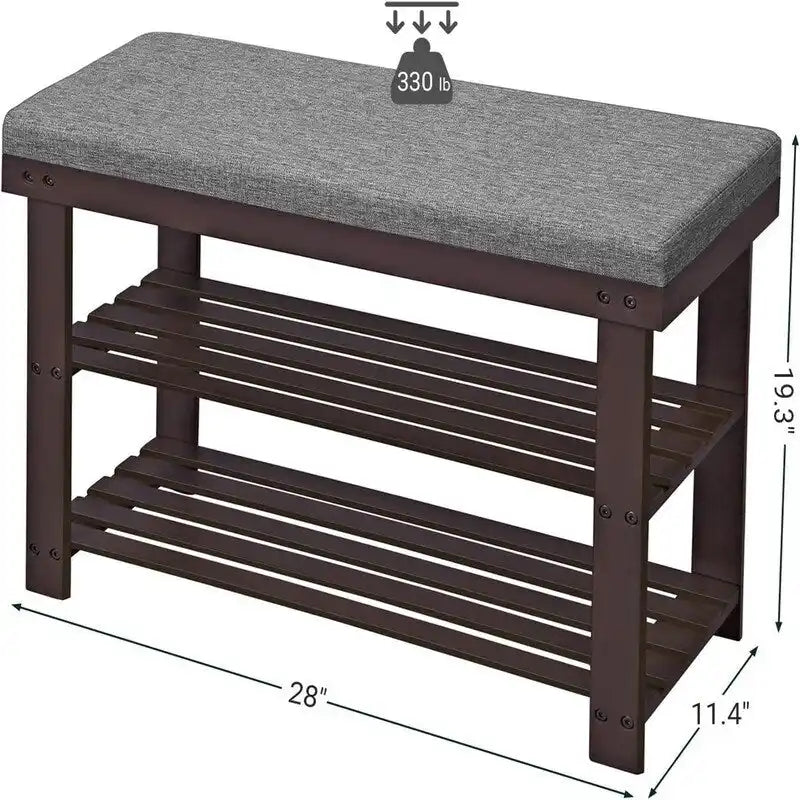 2-Shelf Bamboo Shoe Bench with Cushion, Seat for 1, Natural/Brown/Black/White + Gray